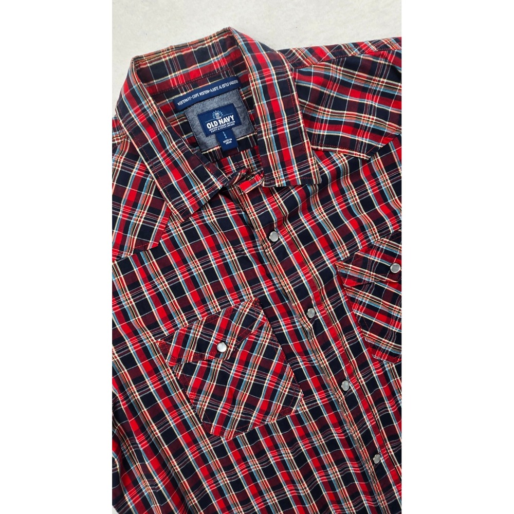 Old Navy Mens Red Plaid Western Fit Short Sleeve Pearl Snap Button Up Shirt Sz L